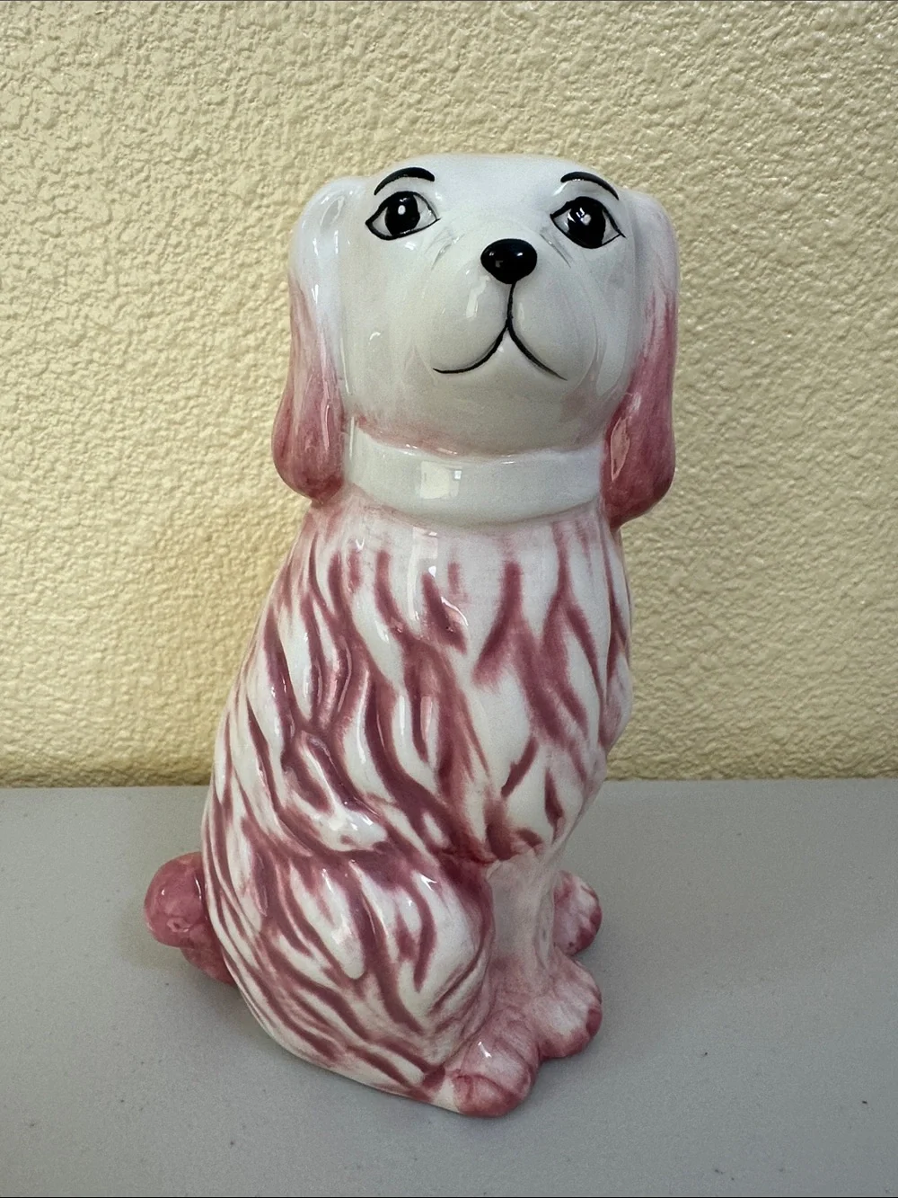 Pink and White Ceramic Staffordshire Dog Vase — Decorative Home Accent